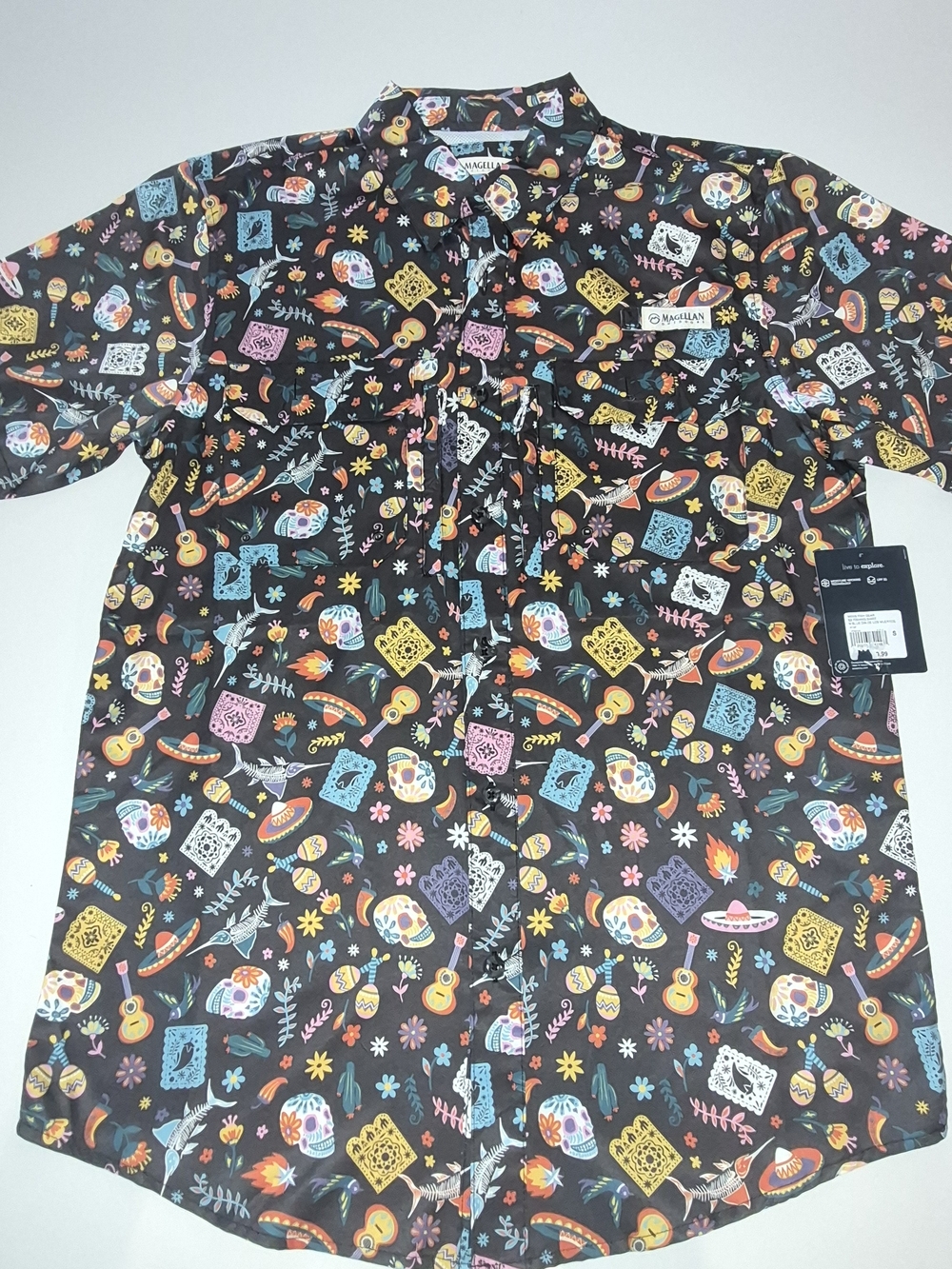 Magellan Outdoors Black Short-Sleeve Button-Up with Multicolor Fiesta Print